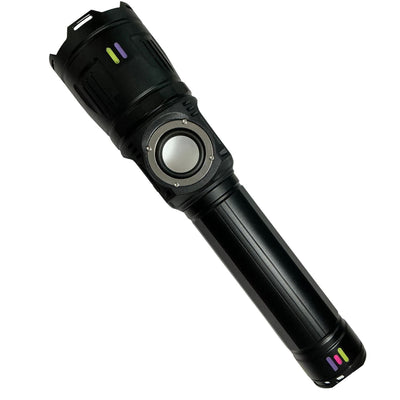 Linterna LED con bocina Bluetooth, zoom y pantalla digital de batería