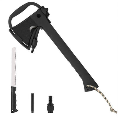 Hacha multifunción con cuchillo, silbato, pedernal y funda