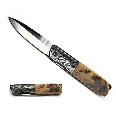 Navaja plegable con mango tipo madera y grabado de oso