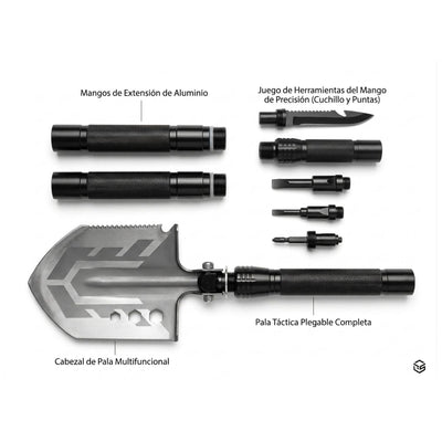 Pala táctica modular plegable con cuchillo, silbato y sistema roscado en negro