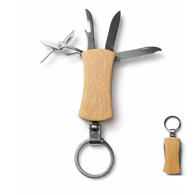 Mini navaja suiza 4 en 1 con llavero y mango tipo madera