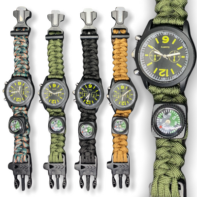 Reloj multifunción 6 en 1 con navaja, pedernal, brújula y correa de paracord