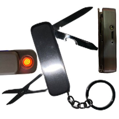 Encendedor llavero 6 en 1 con luz LED en plata, dorado o negro espacial