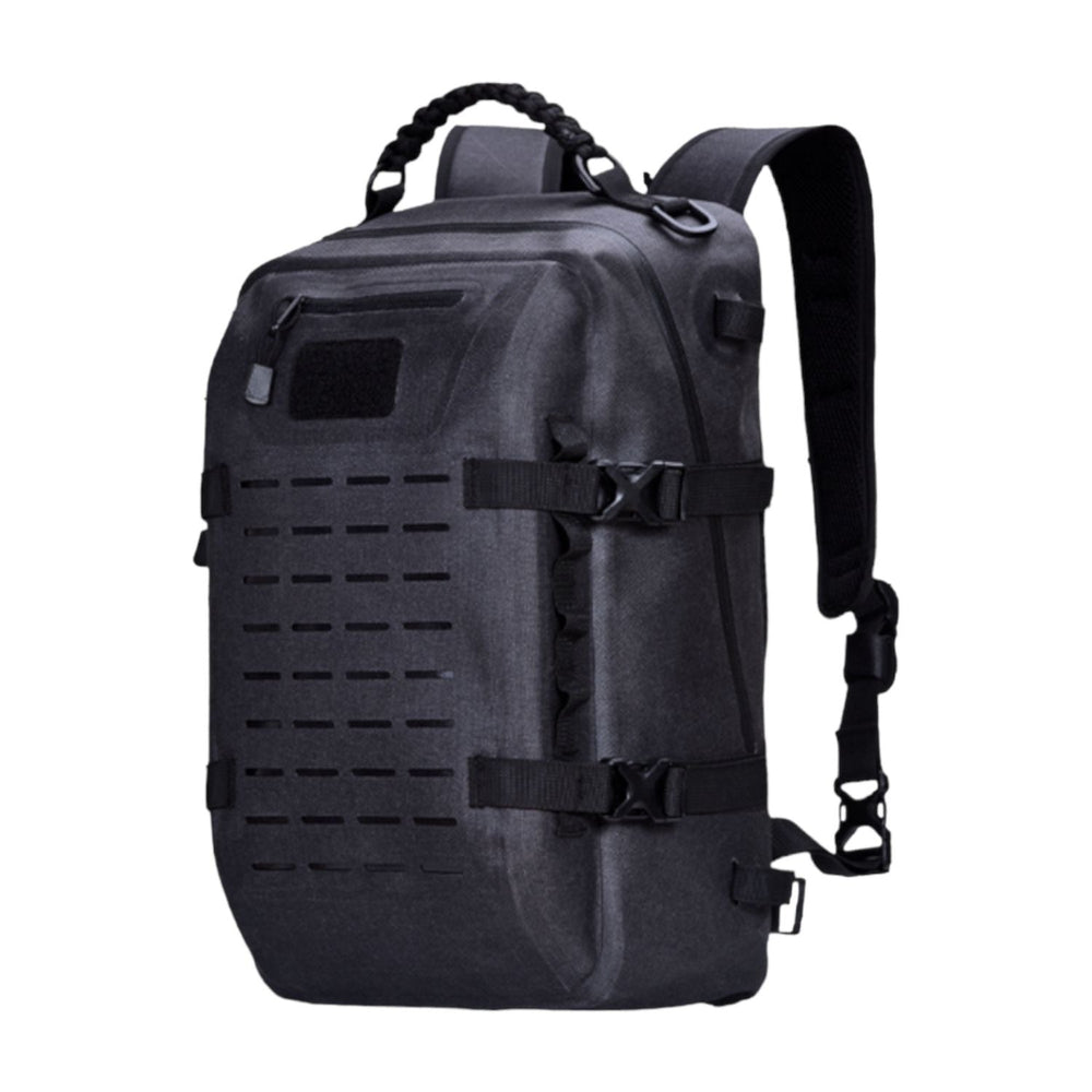 Mochila banco de piel con corte láser para camping, en color negro