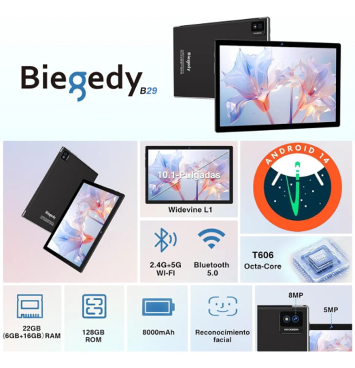 Tablet 10.1" Android 14 128GB 22GB RAM negro