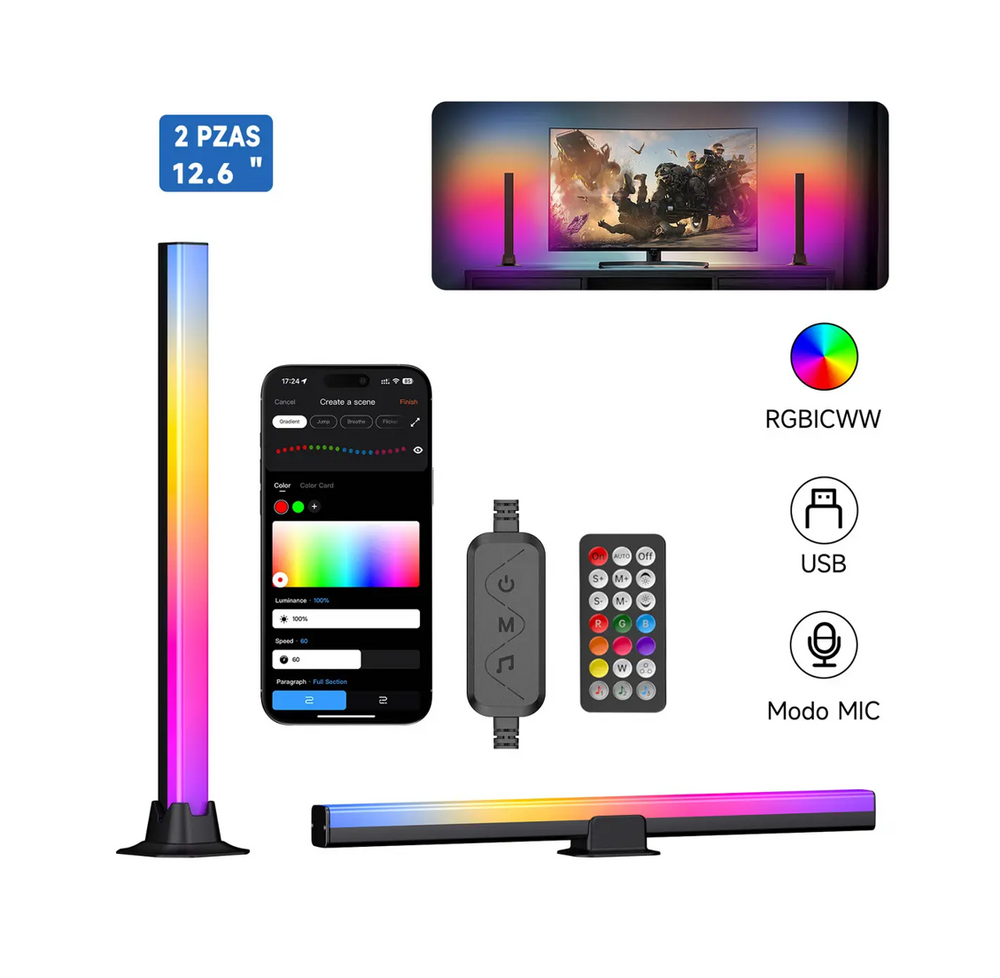 Lámparas LED RGBIC Pack 2d, Mesa y Barra de Luz de 32 cm, para TV y Monitor Gamer con App, Bluetooth y Modo Música
