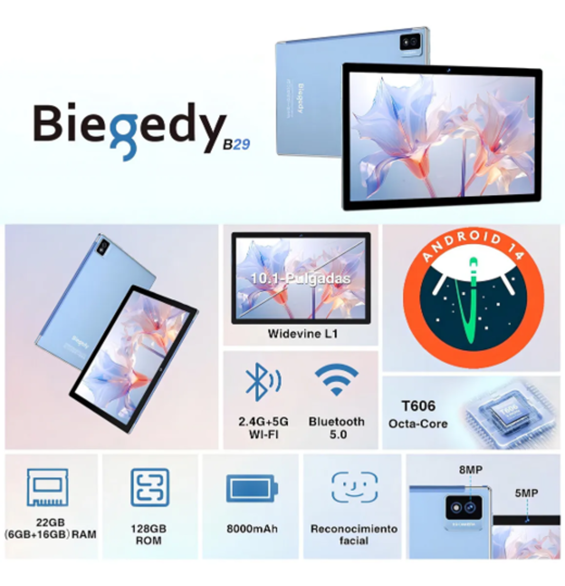 Tablet 10.1" Android 14 128GB 22GB RAM Azul