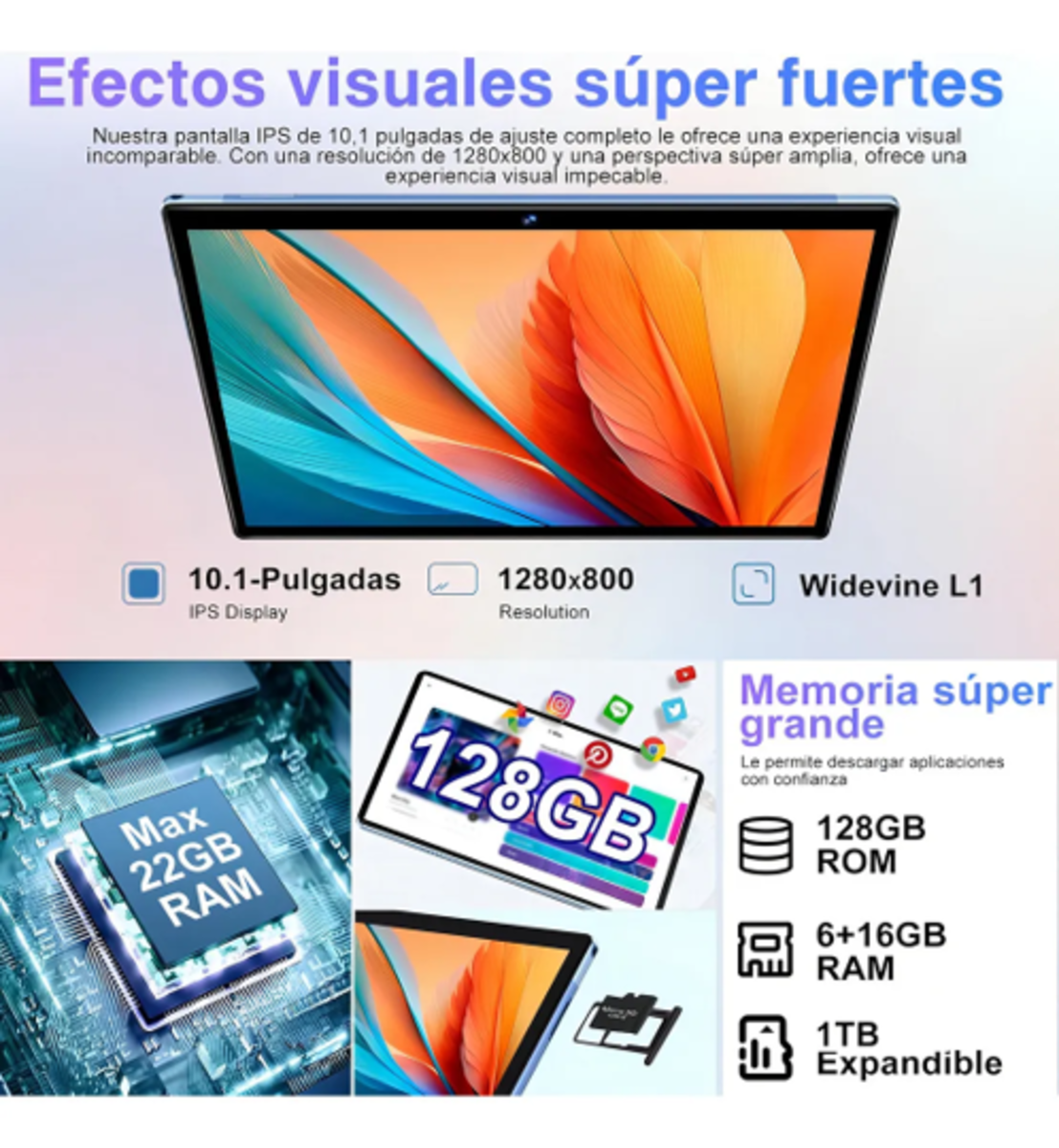 Tablet 10.1" Android 14 128GB 22GB RAM Azul