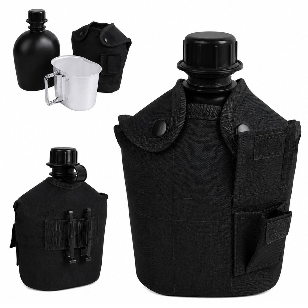 Cantimplora táctica de 1 litro con cazo de acero inoxidable y funda