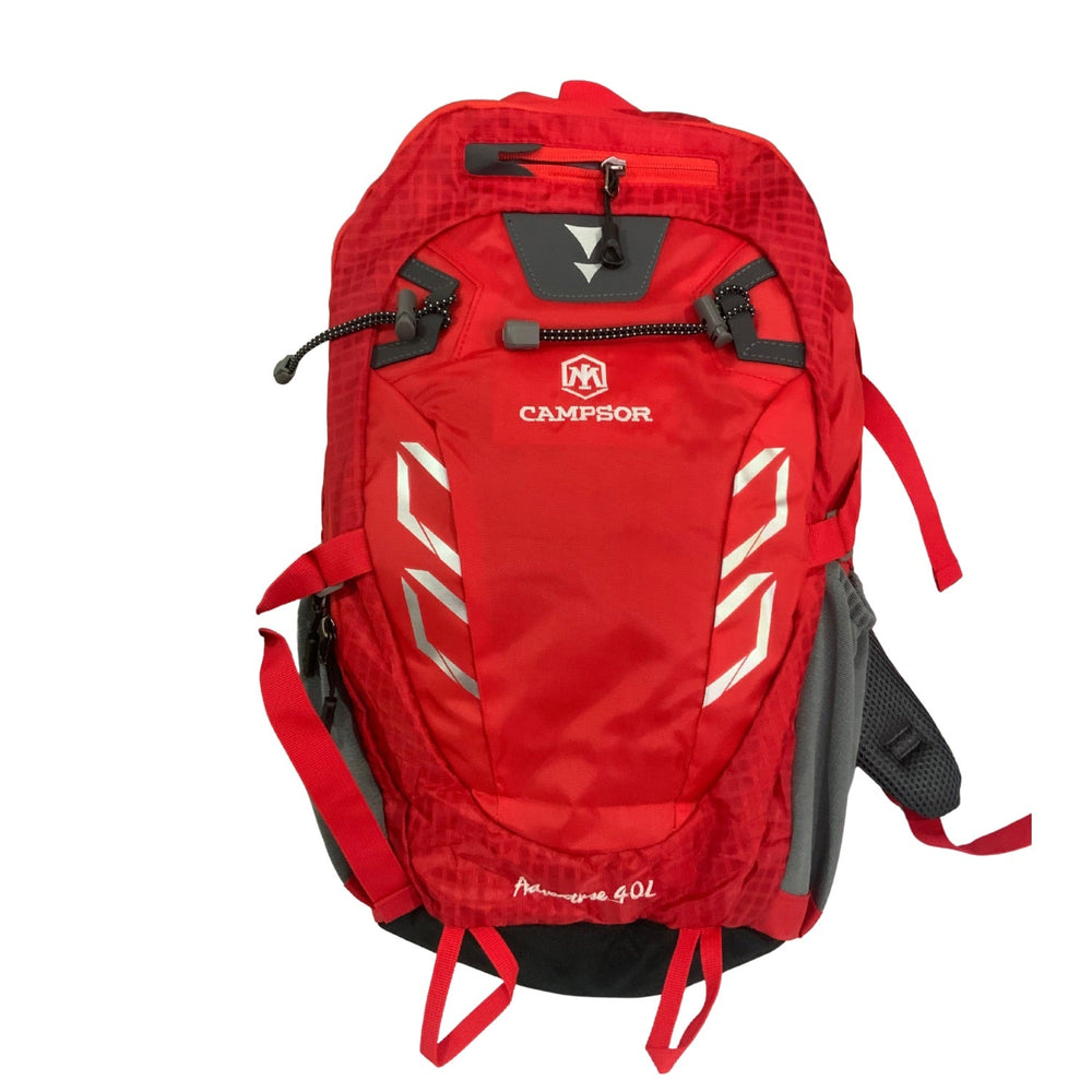 Mochila de alpinismo en nylon reforzado con funda cubre lluvias en rojo o negro