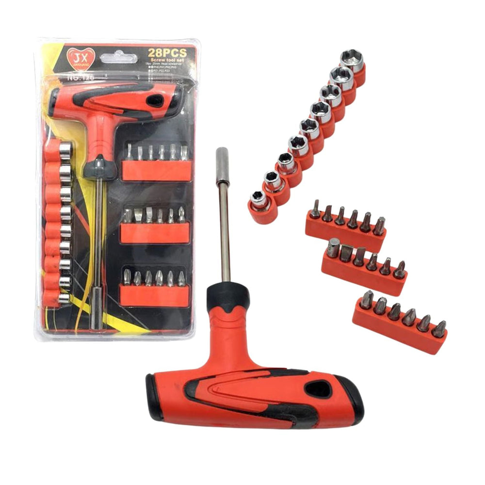 Set desarmador tipo T de 28 piezas con dados y puntas variadas