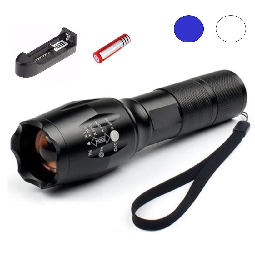 Lámpara LED para bicicleta con luz UV, zoom y batería 18650