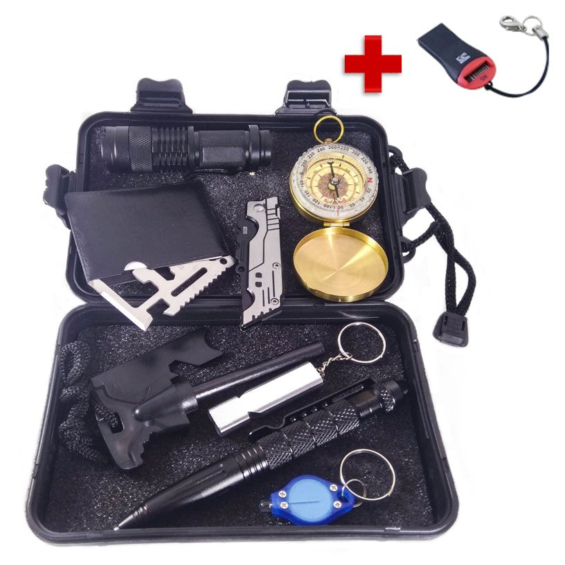 Kit de supervivencia táctico con lámpara, navaja, brújula y estuche