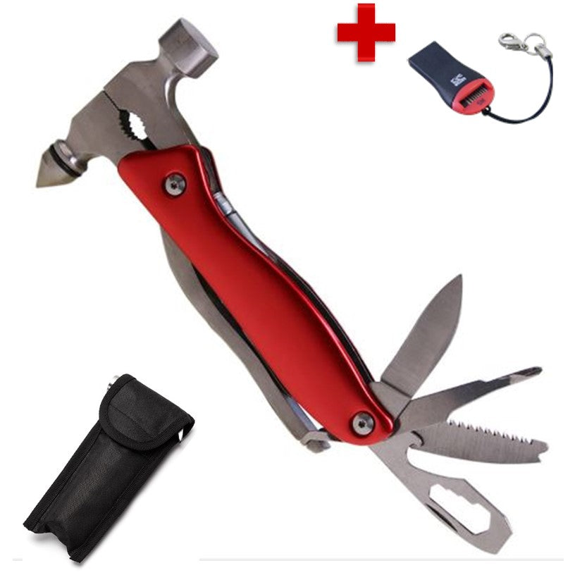 Multiherramienta martillo 10 en 1 con rompevidrios, linterna y funda