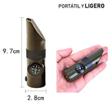 Silbato de supervivencia 7 en 1 verde con brújula, termómetro y linterna LED — imagen 4 de 5