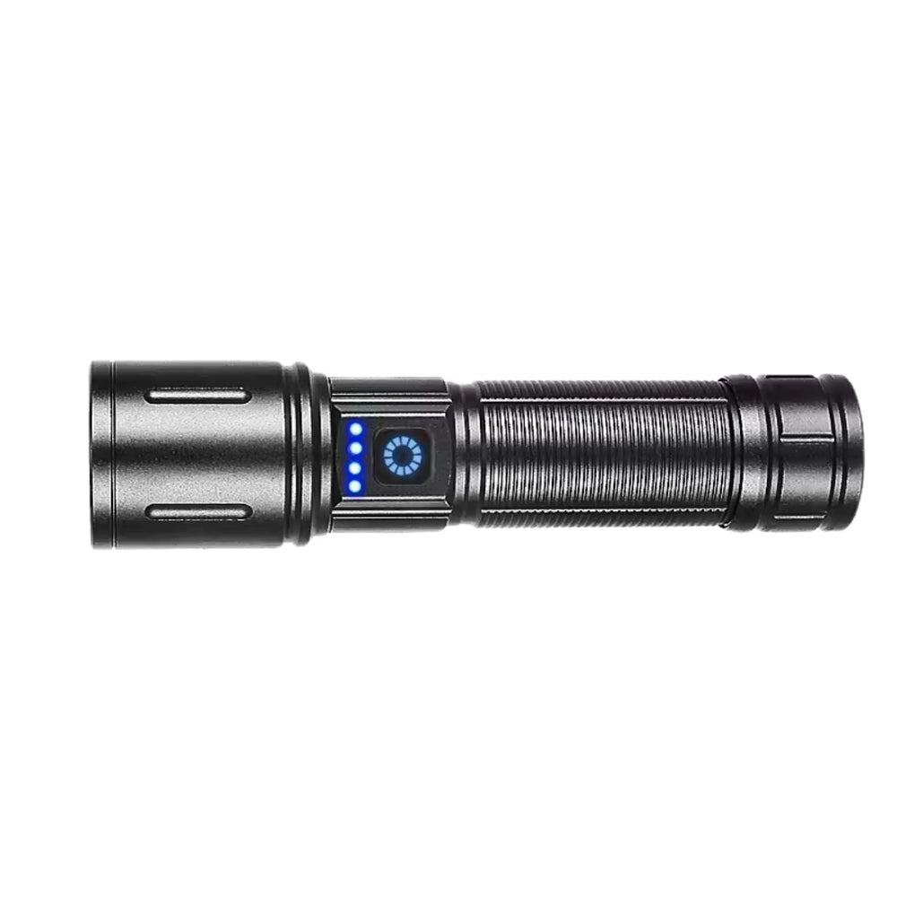 Linterna LED de largo alcance para camping, con zoom y carga USB