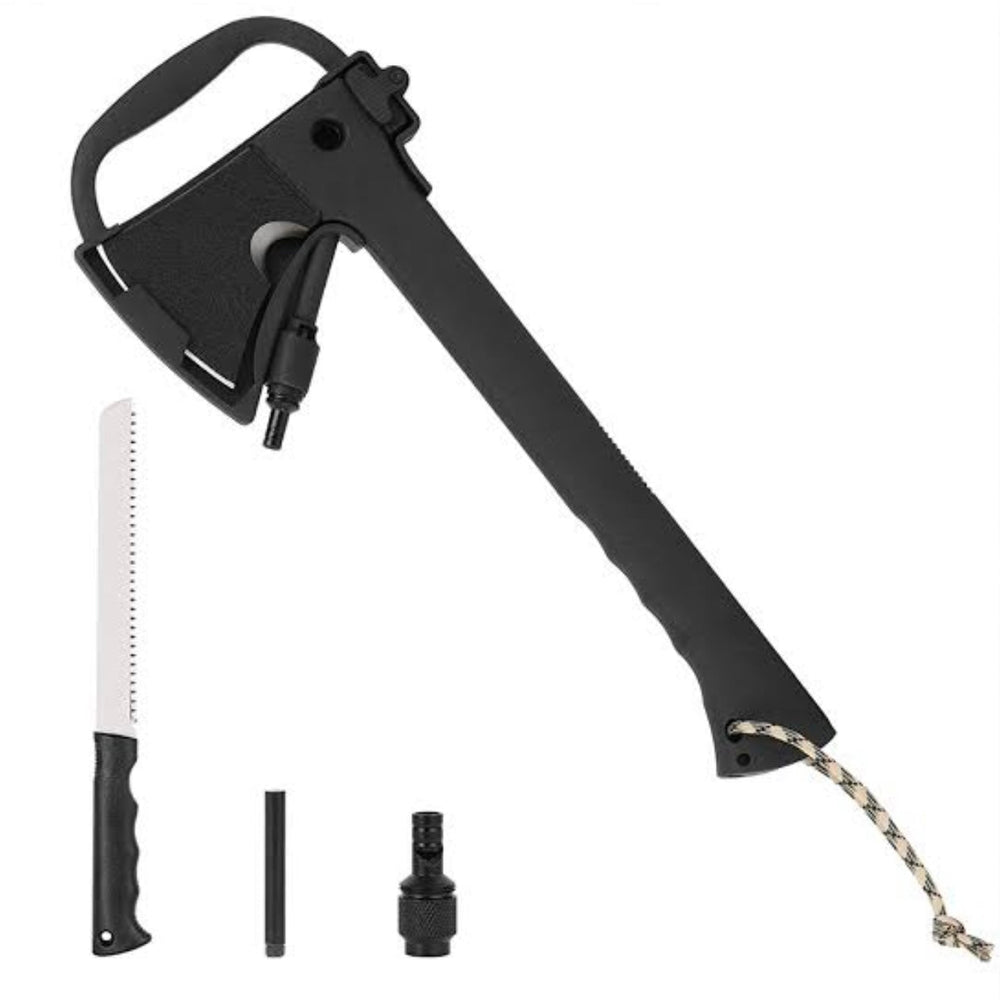 Hacha multifunción con cuchillo, silbato, pedernal y funda