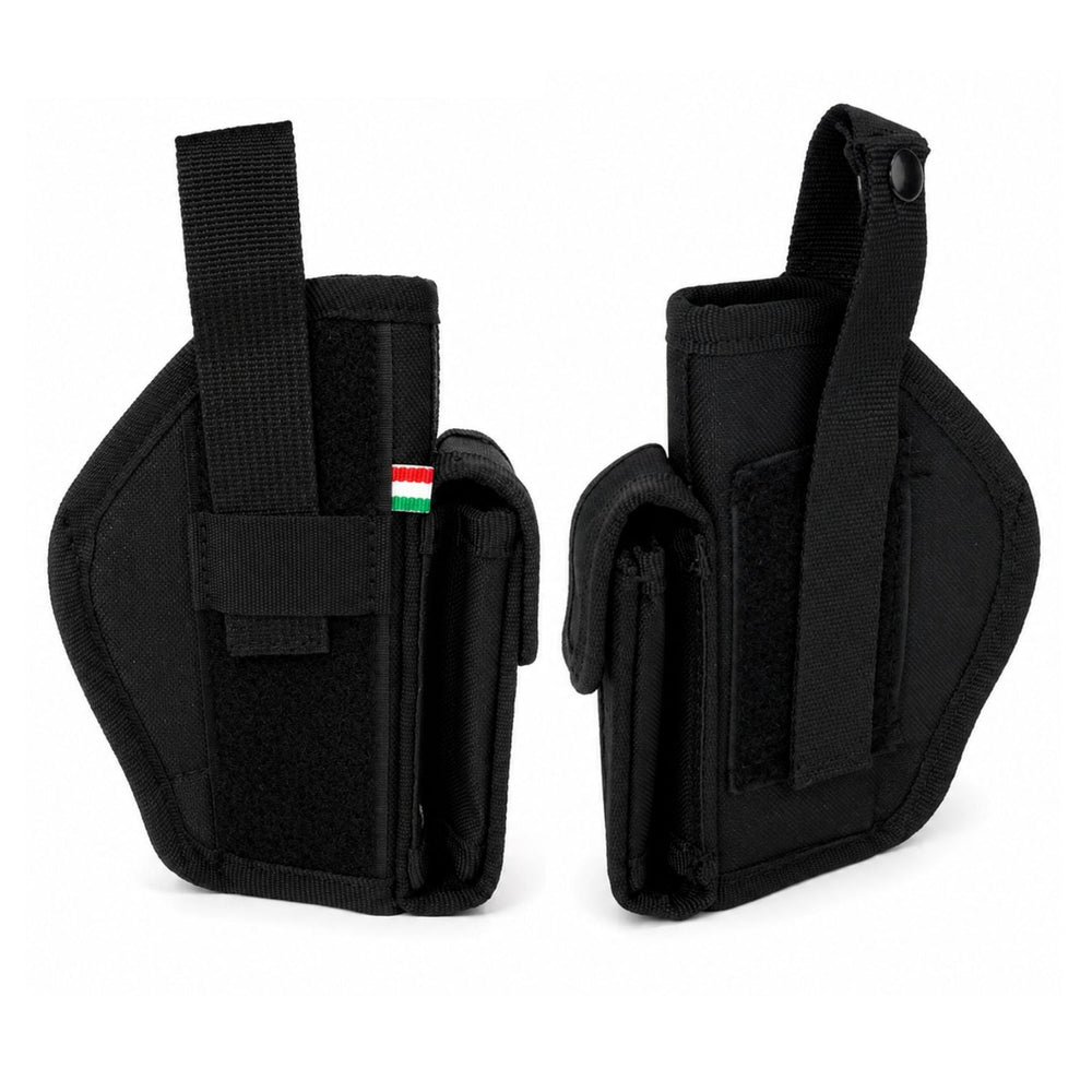 Funda militar negra ajustable con porta cargador o porta balas lateral