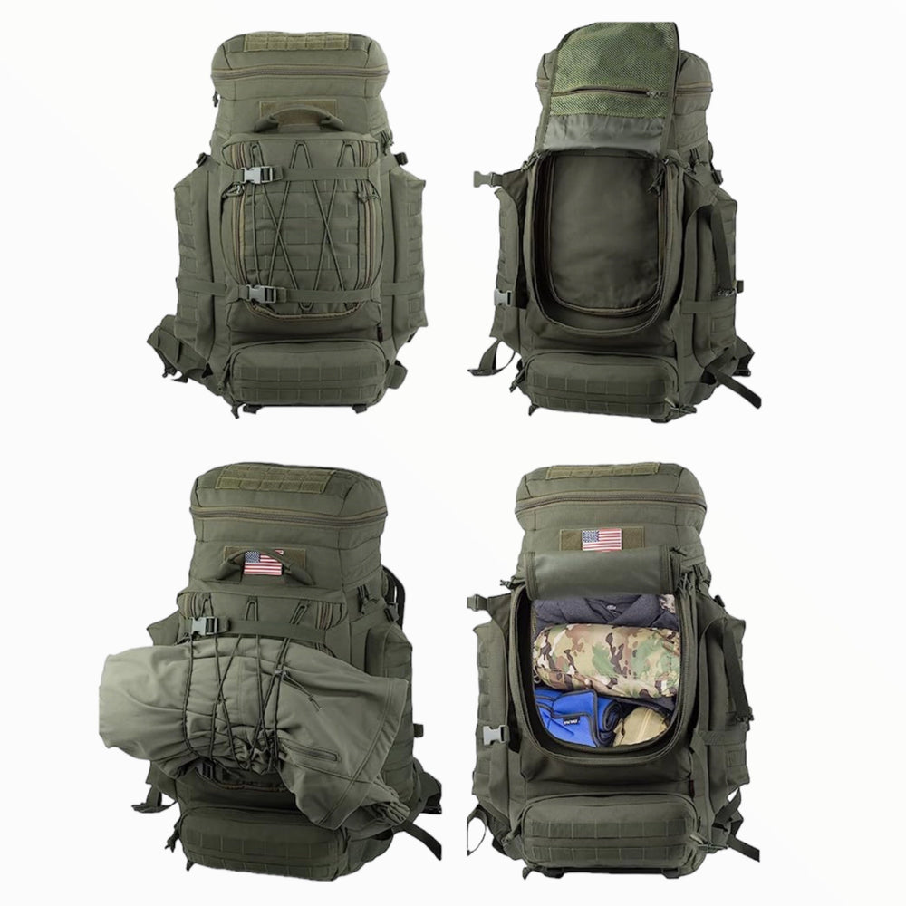 Mochila de marco interno de 70 litros con sistema molle en negro, caqui o verde