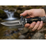Navaja plegable EDC con grabado de cabeza de toro en el mango — imagen 3 de 3
