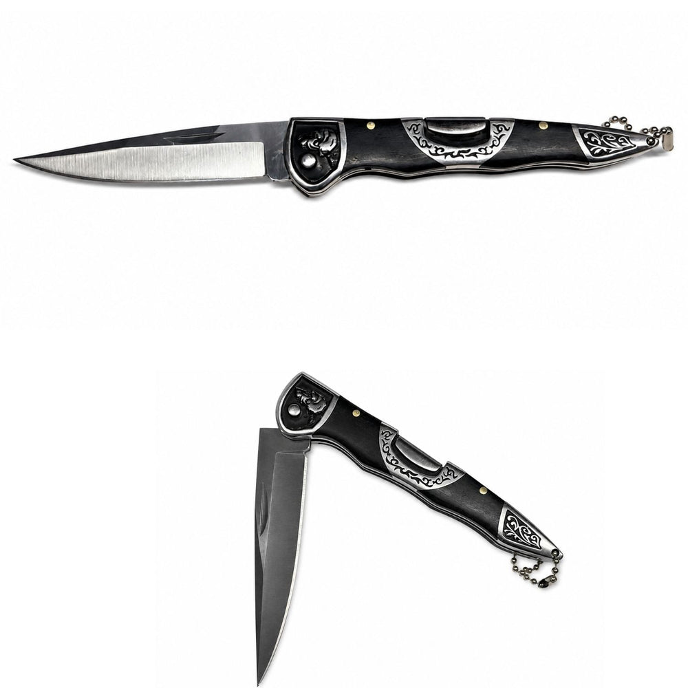 Navaja plegable EDC con grabado de cabeza de perro y cadena