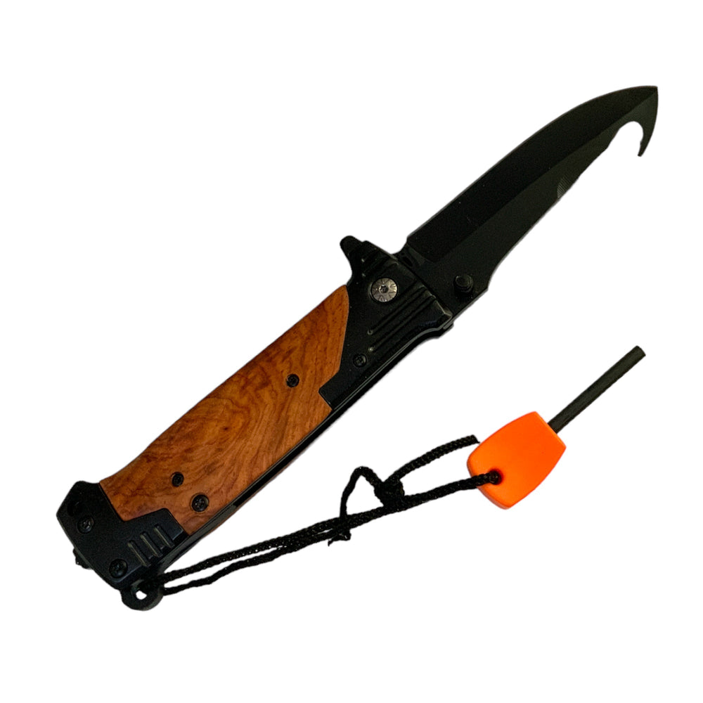 Cuchillo plegable corta soga con pedernal para camping