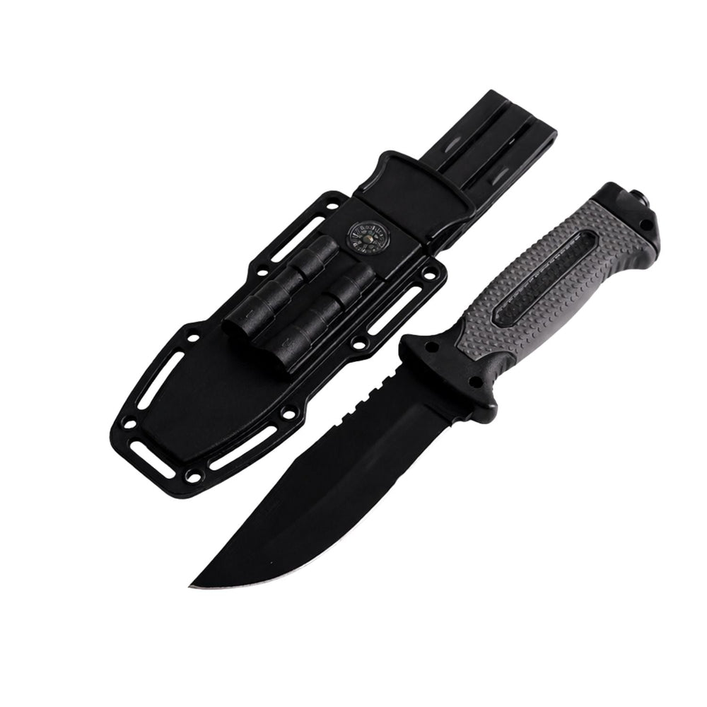 Cuchillo de camping con funda que integra brújula y pedernal