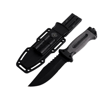 Cuchillo de camping con funda que integra brújula y pedernal