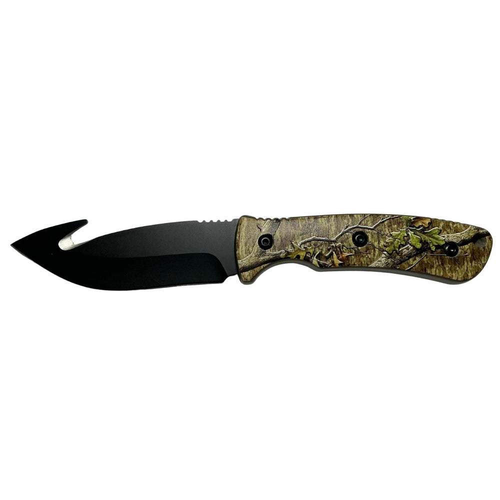 Cuchillo táctico de 21 cm con hoja negra y funda camuflaje