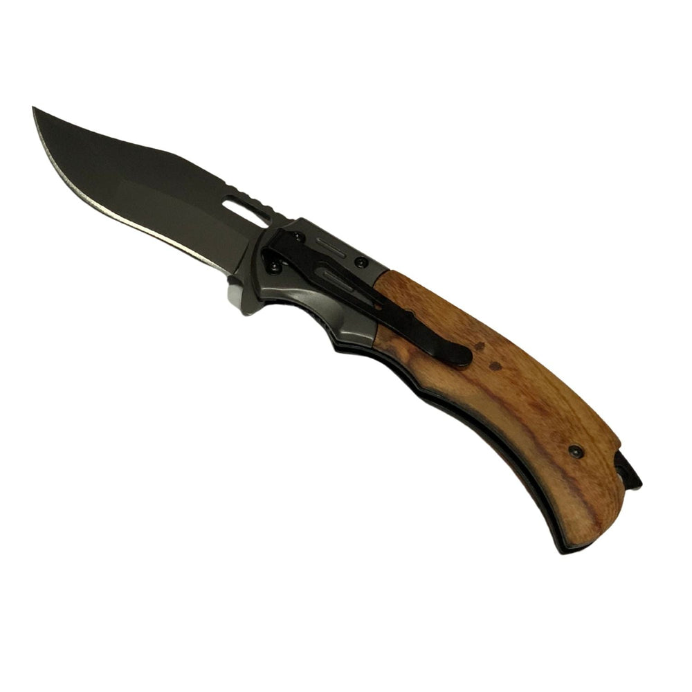 Navaja outdoor con hoja clip point y mango de madera