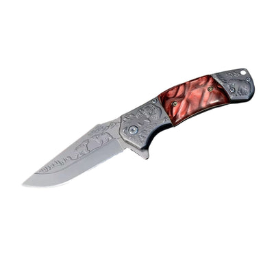 Navaja plegable de 21 cm con hoja clip point grabada con diseños de fauna