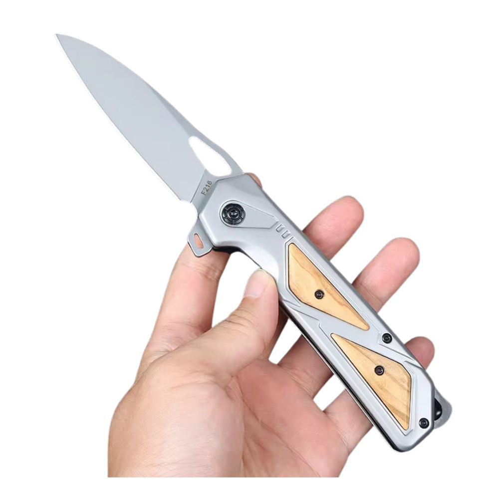 Daga EDC plegable con hoja drop point y mango con inserciones de madera