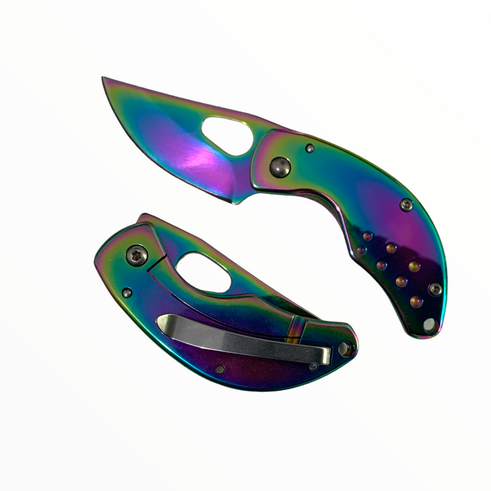 Navaja plegable compacta de 12 cm con hoja drop point y acabado tipo arcoíris
