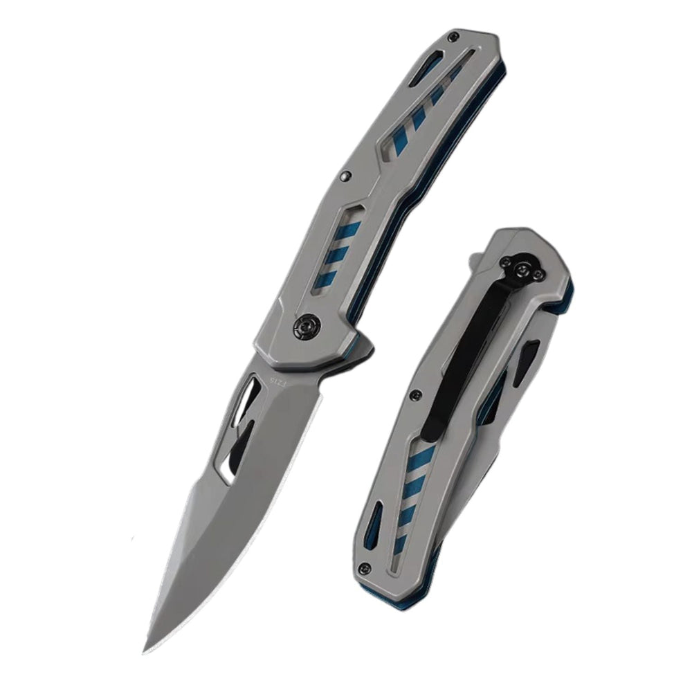 Navaja plegable de 22 cm con hoja drop point y mango skeletal con detalles azules