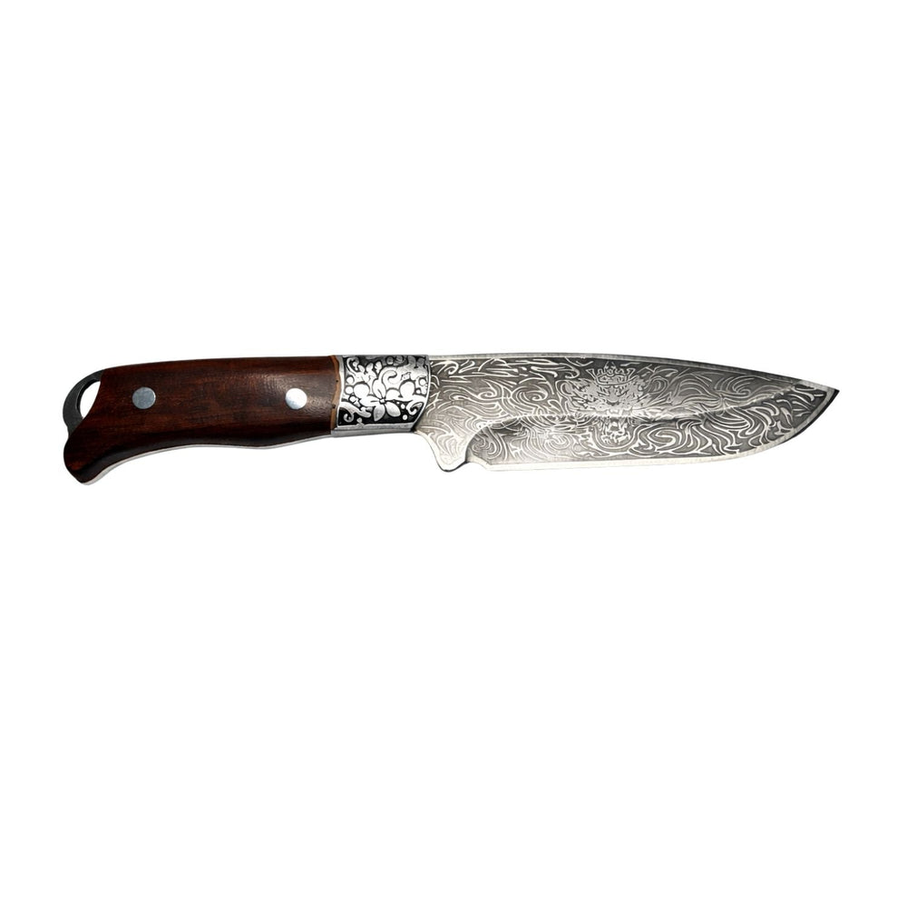 Cuchillo de caza premium con hoja grabada de 15 cm y funda