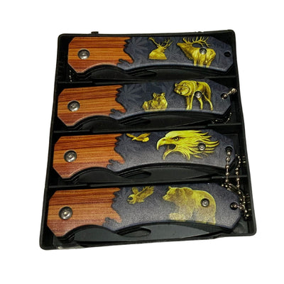 Set de 4 mini navajas con mango de madera y grabados de fauna