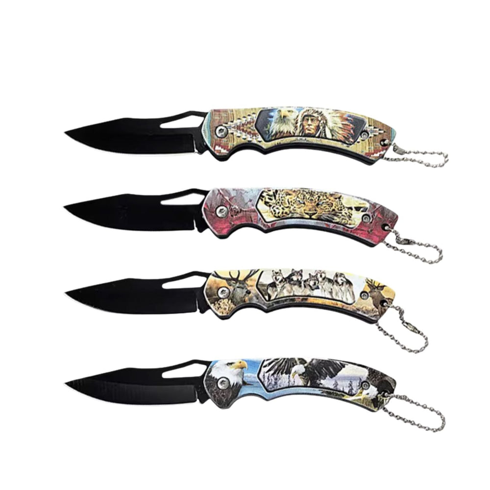 Set de 4 mini navajas plegables con grabados de fauna