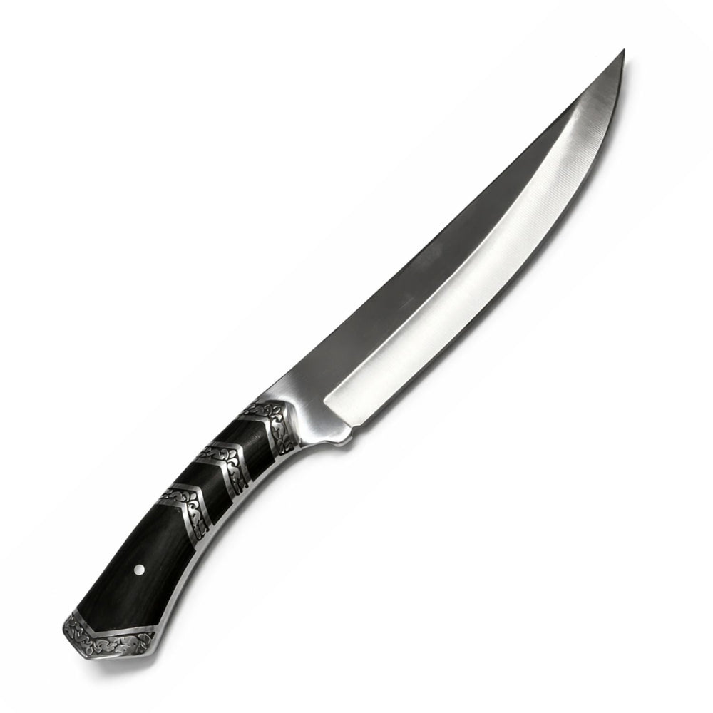 Cuchillo tipo Bowie de hoja larga con acabado pulido y funda