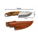 Cuchillo artesanal de hoja fija con mango de madera grabado y funda de cuero — imagen 3 de 4