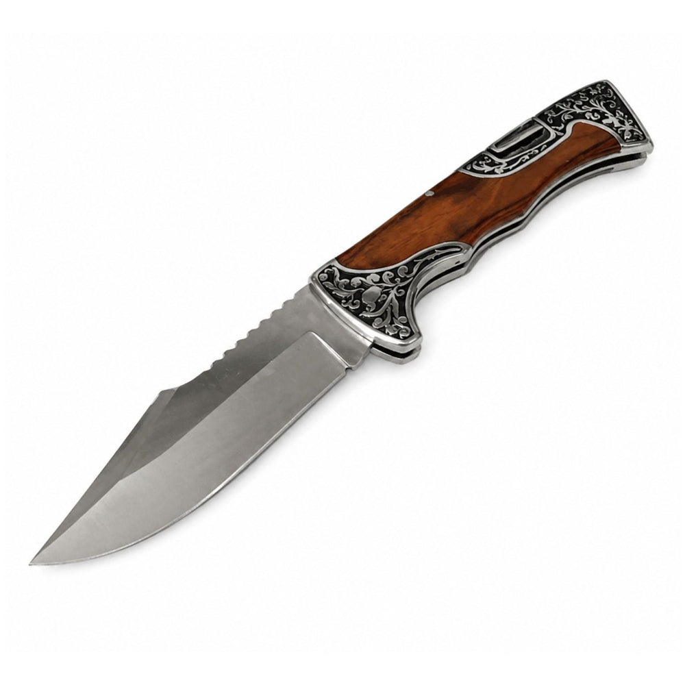 Navaja plegable premium con hoja clip point y mango tipo madera con relieves