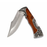 Navaja plegable premium con hoja clip point y mango tipo madera con relieves — imagen 2 de 5