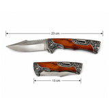 Navaja plegable premium con hoja clip point y mango tipo madera con relieves — imagen 4 de 5
