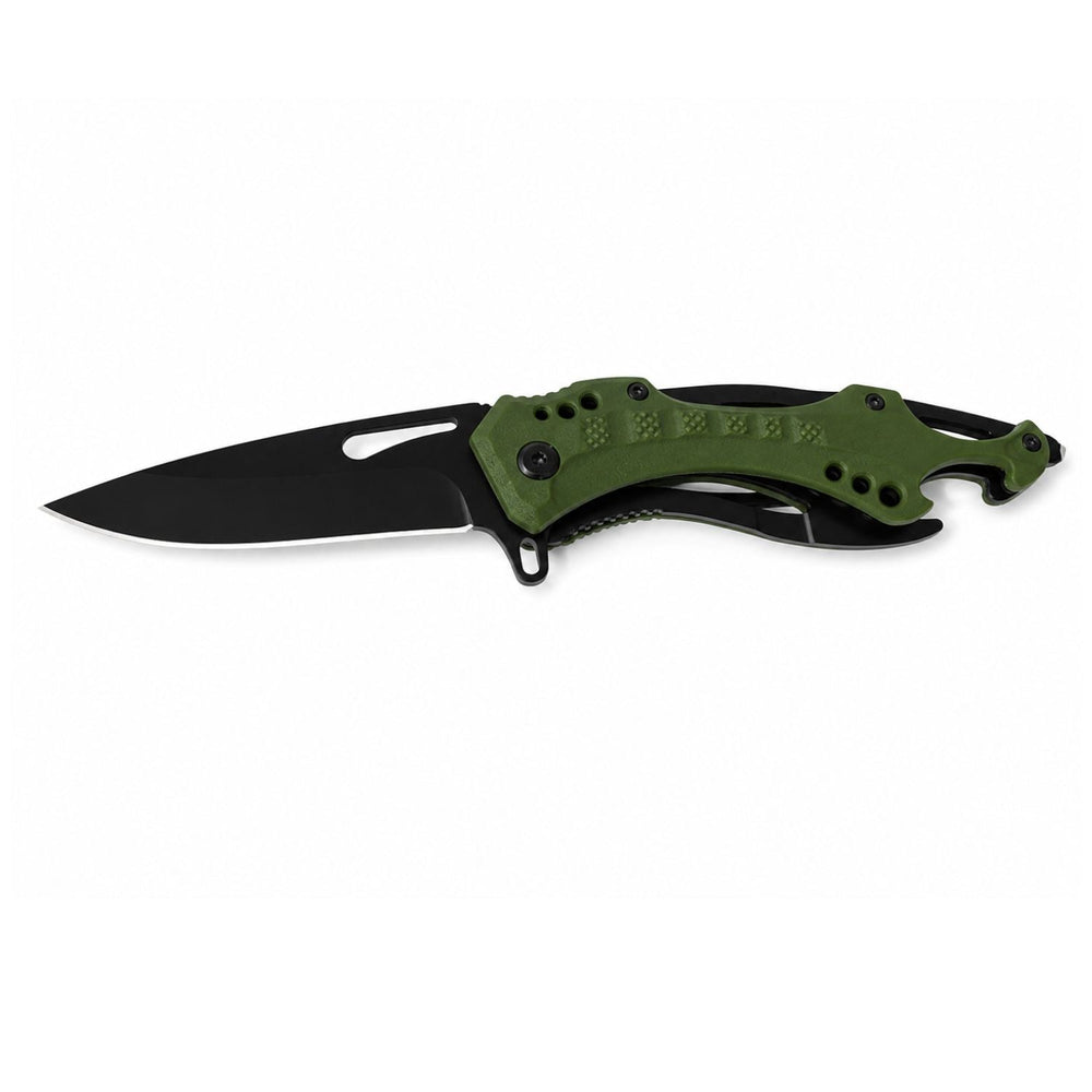 Navaja táctica plegable verde con rompevidrios y clip metálico