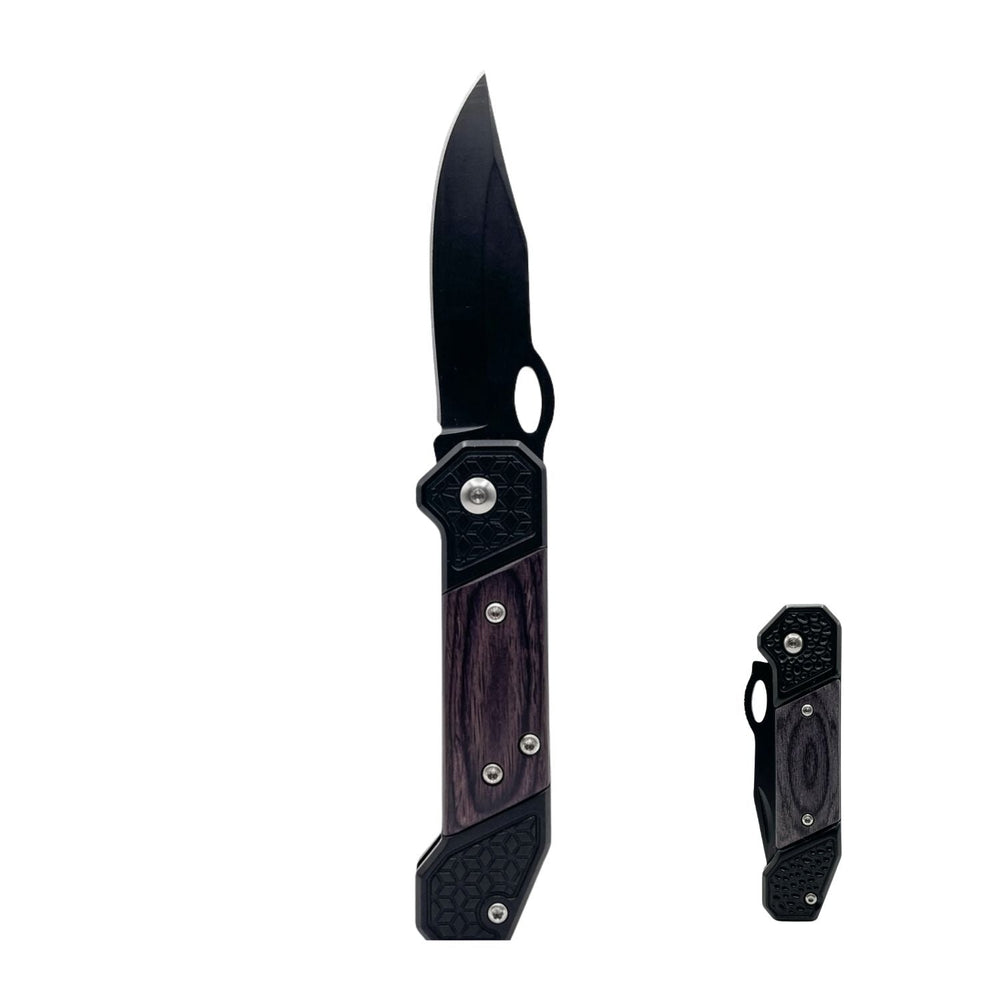 Navaja EDC compacta con hoja negra y mango tipo madera