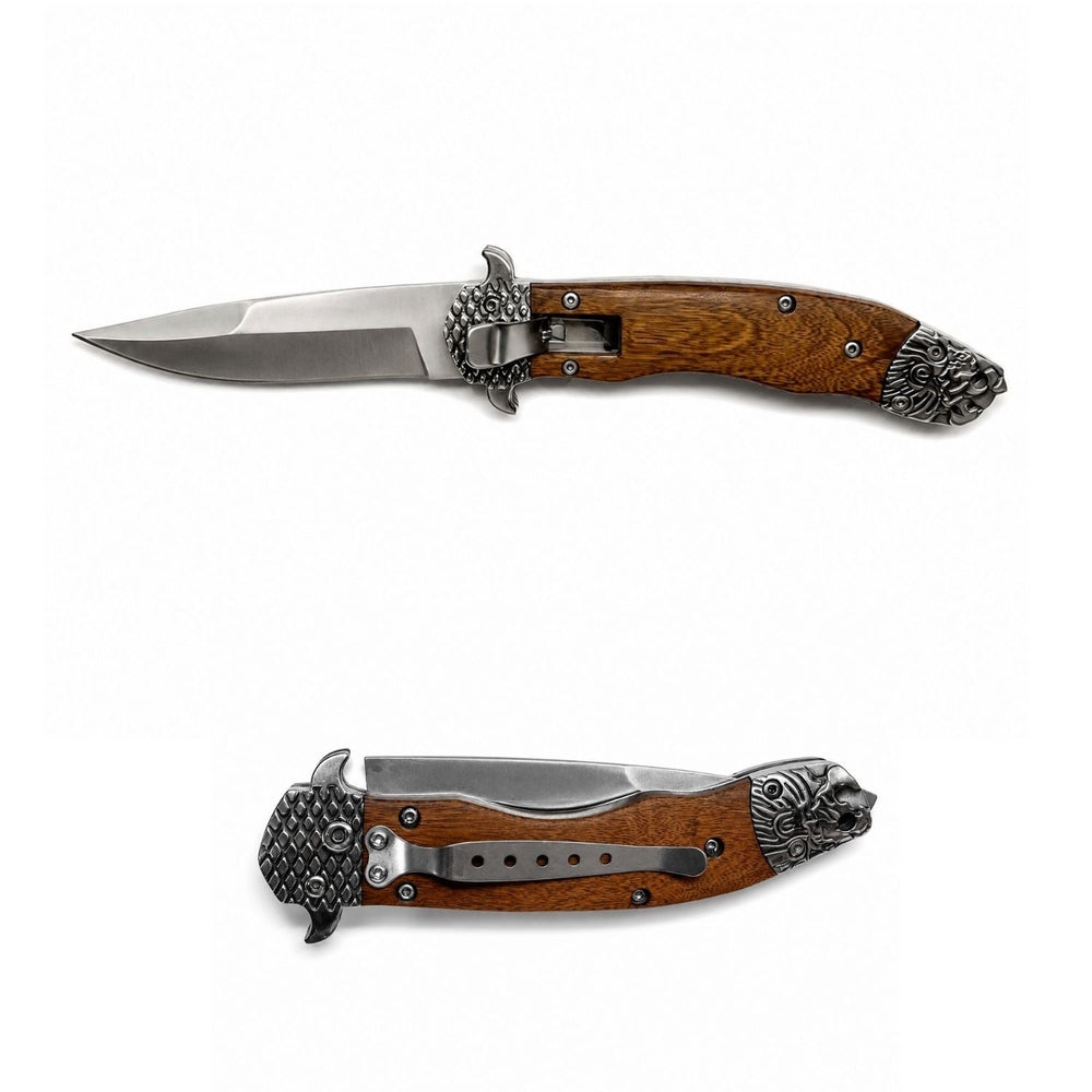 Navaja EDC plegable con mango tipo madera y detalle cabeza de león