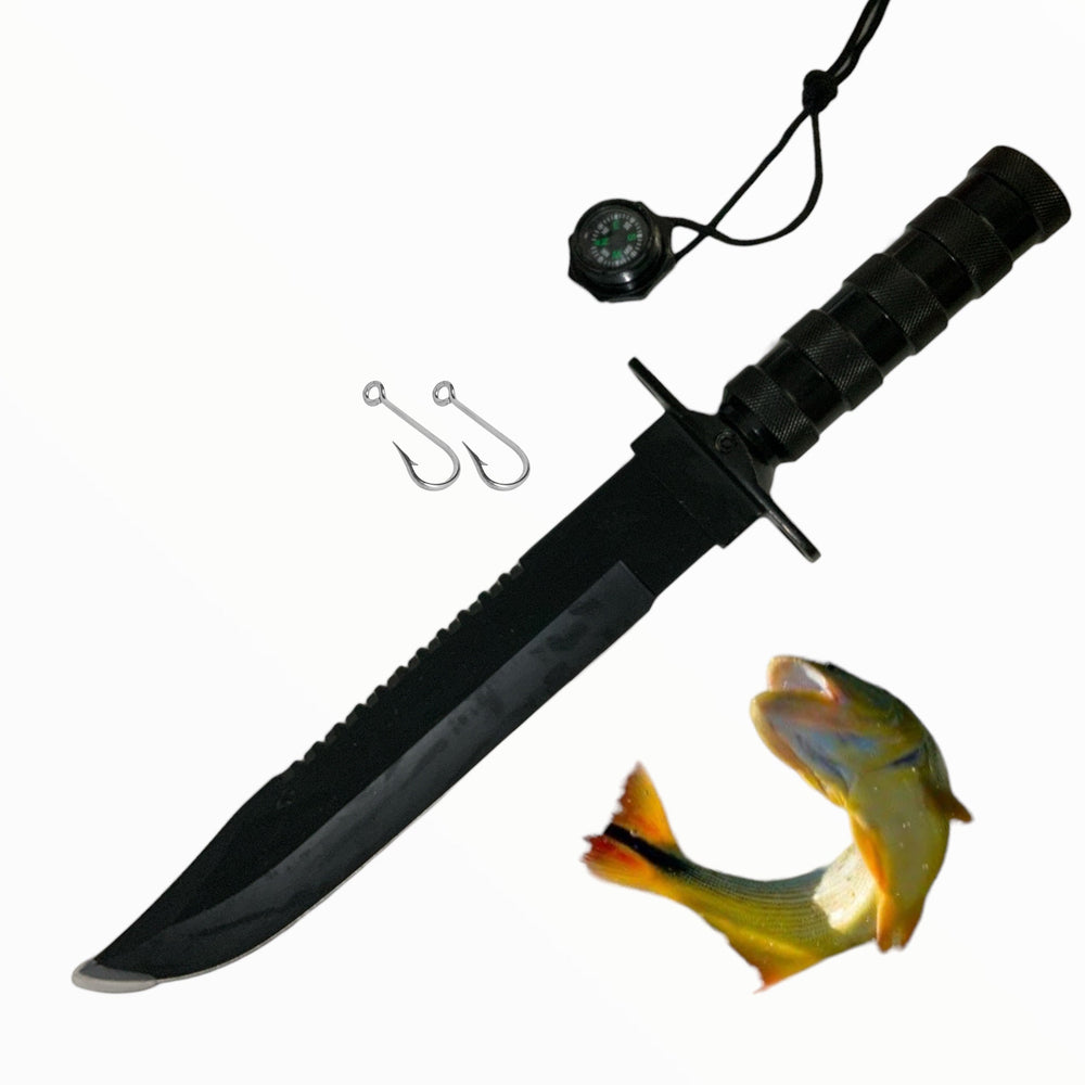 Cuchillo tipo Rambo con funda que incluye brújula y anzuelos de pesca