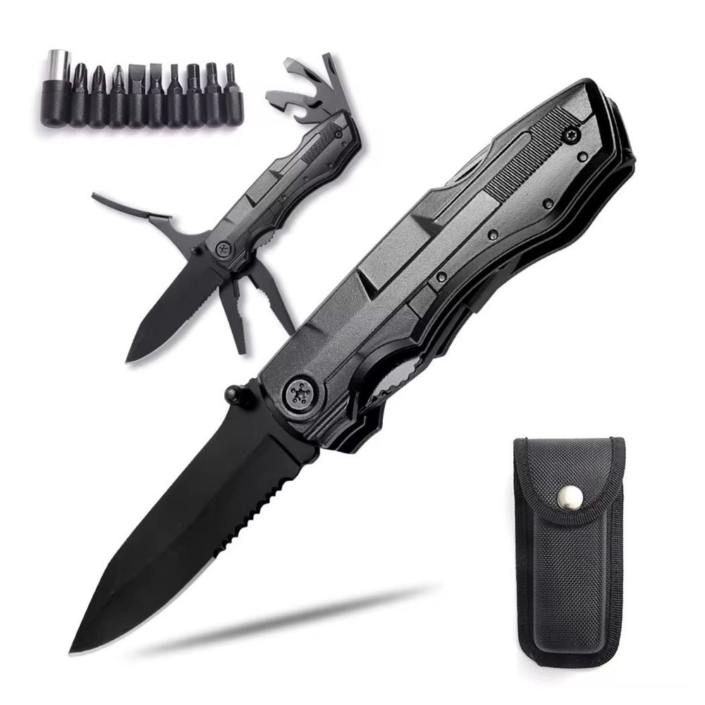 Multiherramienta plegable 17 en 1 negra con pinzas y funda