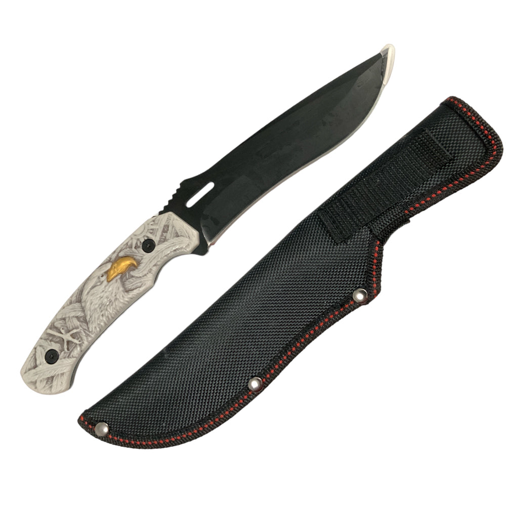 Cuchillo táctico con mango de diseño águila en relieve y funda de tela