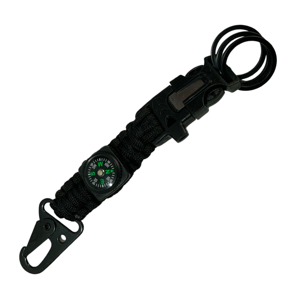 Mosquetón con cuerda paracord, pedernal y silbato para campismo y supervivencia