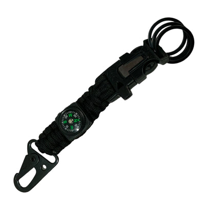 Mosquetón con cuerda paracord, pedernal y silbato para campismo y supervivencia